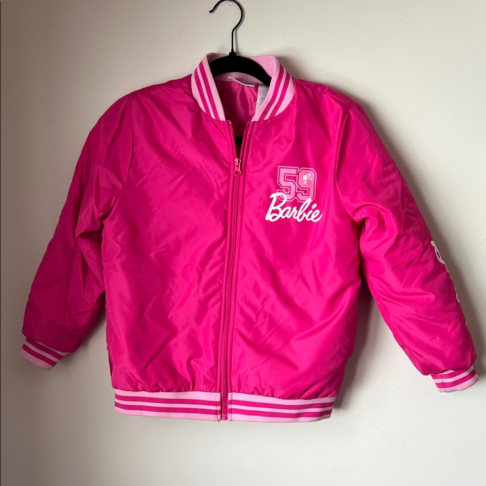 Barbie Girls Pink Fuchsia Bomber Jacket Logo Zipper Lightweight Size 10-12 EUC